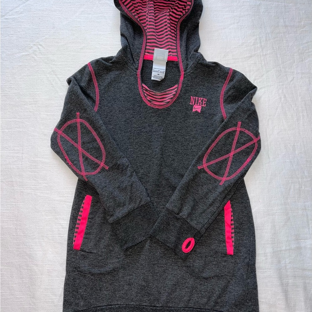 Nike Girls Streetwear Pink Gray Stripe Long Sleeve Pullover Hooded Sweater Sz M